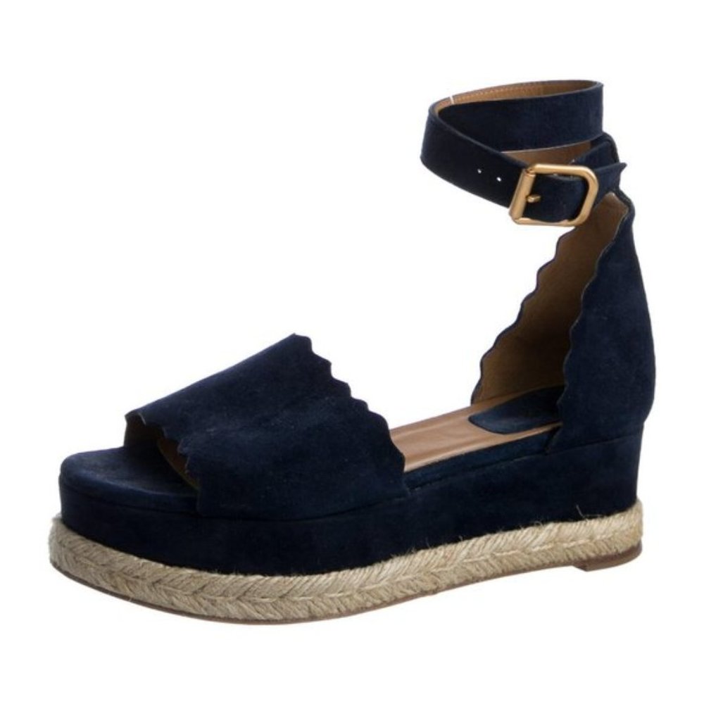 Chloé Navy Suede Scalloped Accent Espadrilles
